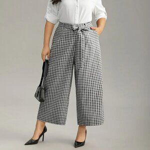 BloomChic Plaid Belted Bowknot Wide Leg Crop Pants Black & White Checkered  NWTs